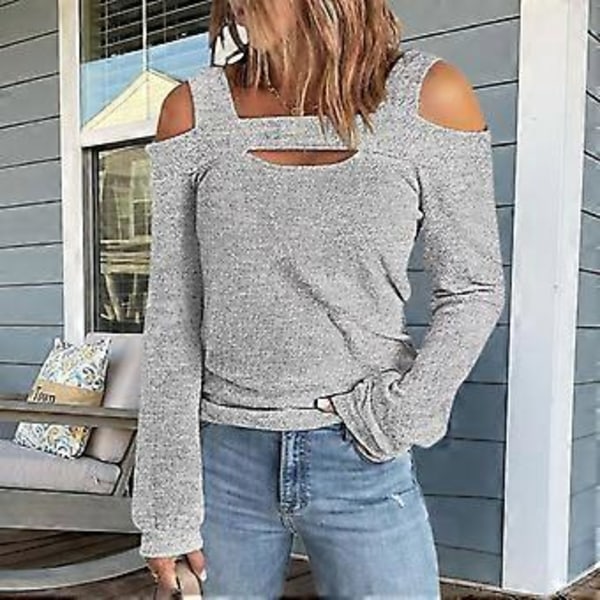 Dame Cold Shoulder Topp Cut Out Design Ensfarget Mote Langermet Bluse for Hjemmeshopping Grå M