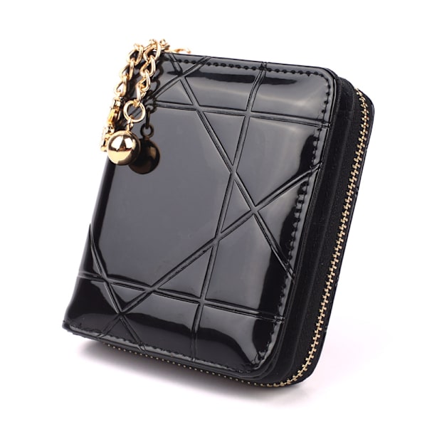 Dame kortholder med lynlås, lille kortholder i lakeret læder, ternet clutch-pung, sort