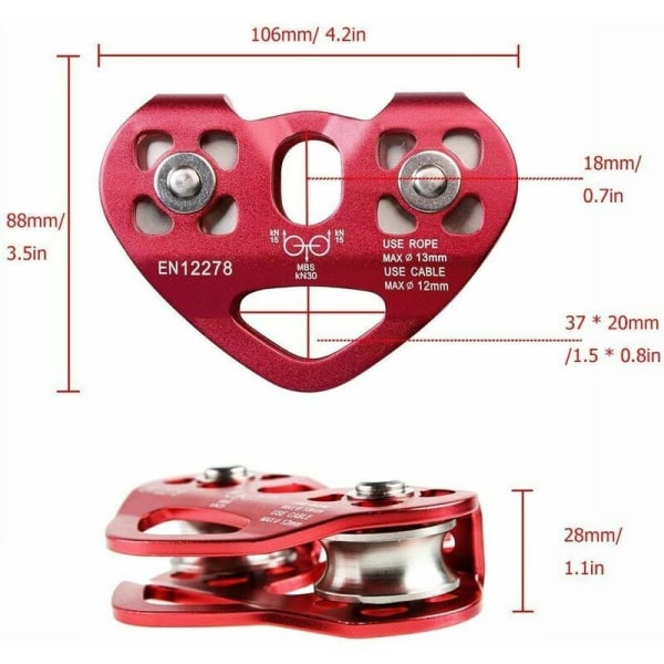 Rød dobbel trinse, 30KN/6700lbs utendørs klatring dobbel akse Zipl