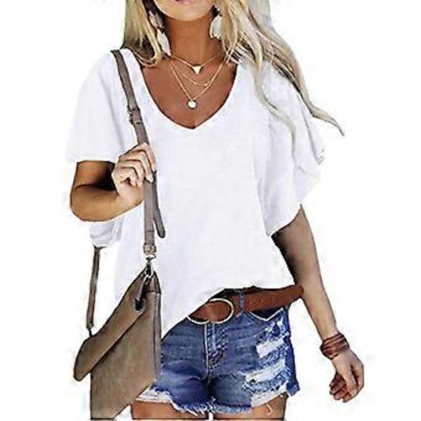 Hvit M Volangermet Bluse V-hals Ensfarget Casual Bluse Skjorte Topp for Kvinner Sommer Date
