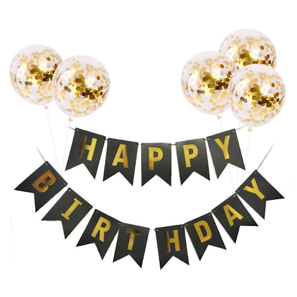 Happy Birthday Flag Pulling Sequin Balloon Set (Svart Guld), Par