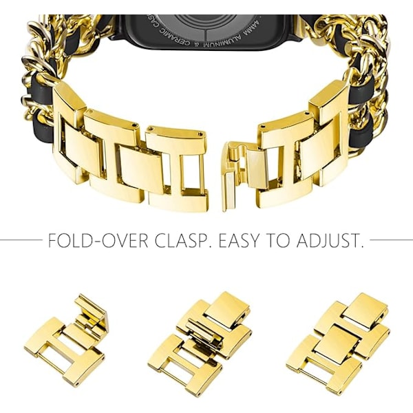 Guld svart läder guldkedja, damer dubbelrad metallarmband co