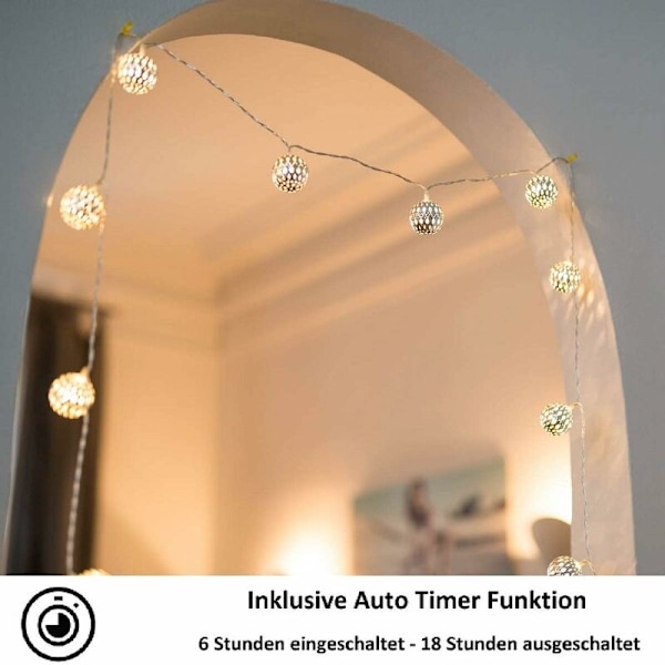 Marokkolaiset LED-keijuvalot - 3 metriä paristokäyttöinen 20 lämmin valkoinen LED-pallo hopea koriste - Keijuvalot
