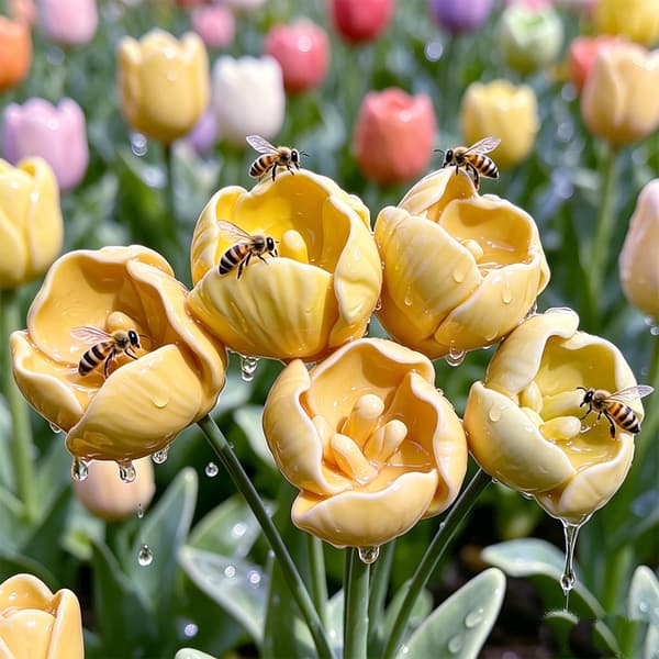Bifoder, femfarvede dekorative havebiavlblomster, kunstig blomst porcelænspynt