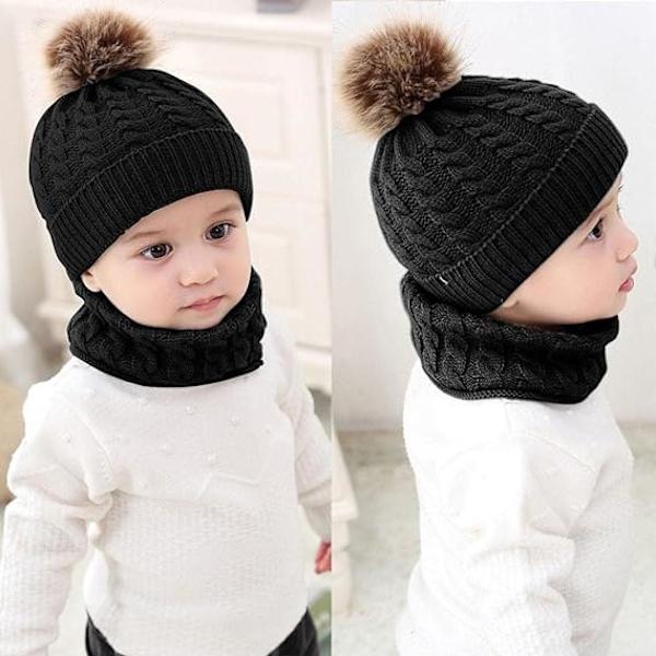2PCS svart Toddler Baby Knit Hat Scarf, Termisk mjuk loop halsduk Un