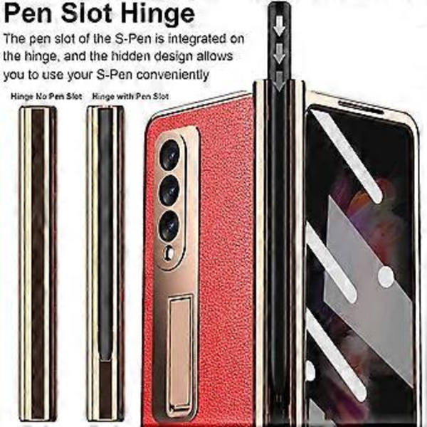Yhteensopiva Samsung Galaxy Z Fold 3:n kanssa, iskunkestävä saranasuoja, HD-karkaistu lasinen näytönsuoja, PU-nahkainen kova PC-kehys, täysi suoja Red
