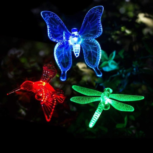 3-pack, Färgväxlande LED-solcellslampor för trädgården i fjäril, kolibri