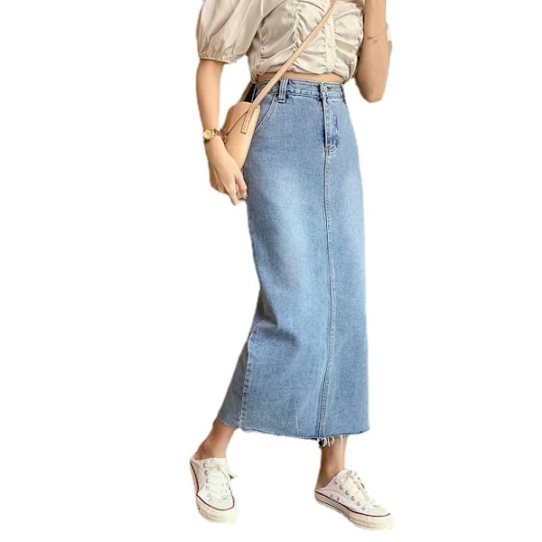 Kvinnors Casual Hög Midja Solid Button Up Denim Jean Kjol,storlek