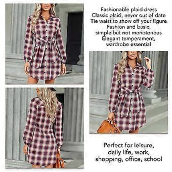 Klänning med bälte, åtsittande midja, långärmad, slag, enkelknäppt, fashionabel rutig klänning för kvinnor