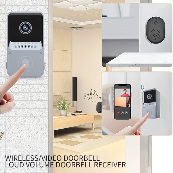 Grå - Trådlös videodörrklocka, Wi-Fi Smart videodörrklocka, Natt