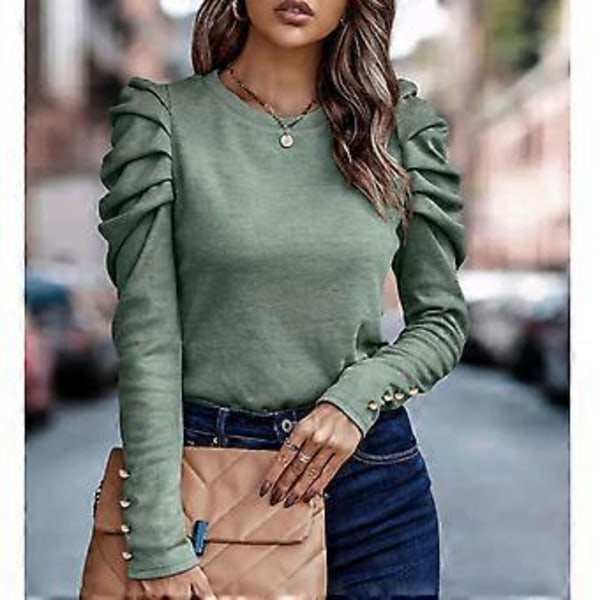 Dame Puff Langermet Topp Rund Hals Knappdekorasjon Løs Passform Casual Pullover Bluse Grønn XXL