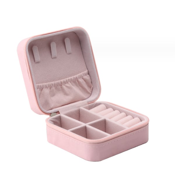 Rosa, 9,5 * 9,5 * 5 cm liten bärbar syntetiskt läder smyckeskrin