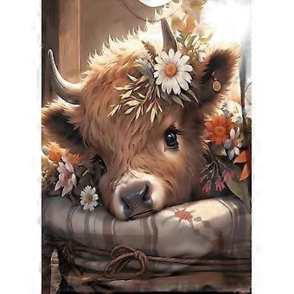 Timanttimaalaussarjat aikuisille, Highland Cow 5D timanttimaalaus täysporaus kukkalehmä jalokivitaide, aikuisten askartelusarjat taide ja askartelu, hauska DIY-askartelu, Wa