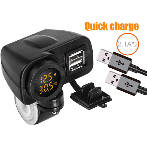 12V Motorcykel Dobbelt USB-oplader, 5V 2.1A 2-Port Vandtæt Stik