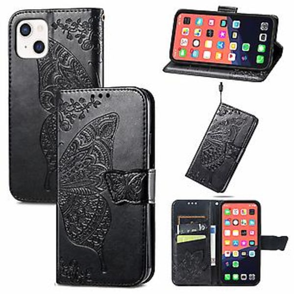Fjäril Kärlek Blomma Läderfodral För iPhone 13 mini Black