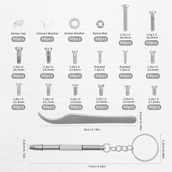 1000 Micro Skruvsats för Glasögonreparation, med Pinsett och Skruvmejsel