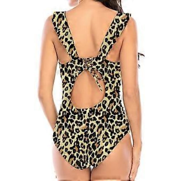 Dame V-hals Badedragt i ét stykke med flæser og snøre, Monokini, Leopardprint (style6173)