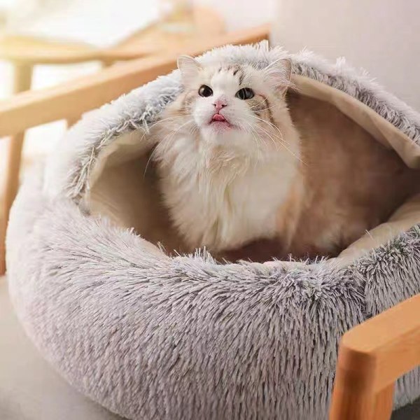 Lugnande säng för katter och små hundar, tvättbar kattsäng för husdjur, 50 cm rund fluffig munkformad kattsäng, mjuk och gosig säng för att sova inomhus
