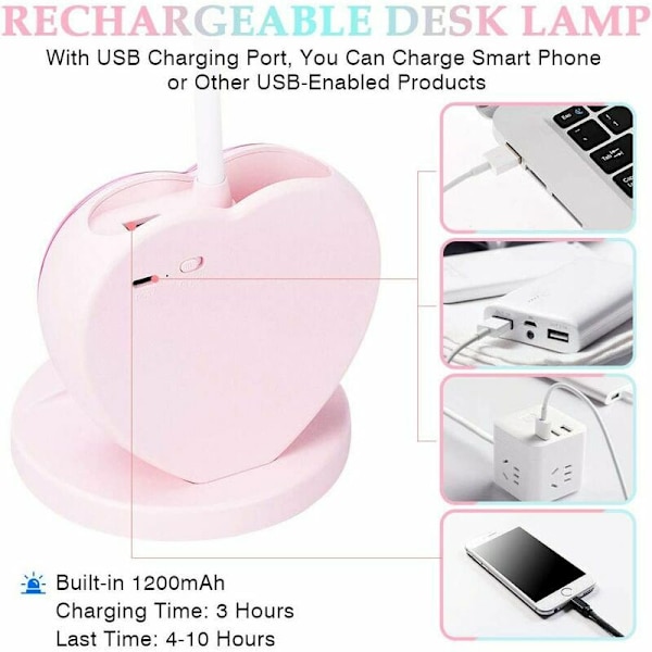 Flickerfri skrivbordslampa för flickor, ögonvänlig bordslampa med pennhållare, USB-laddningsport, 2 färgtemperaturer för tonårspojkar, rosa