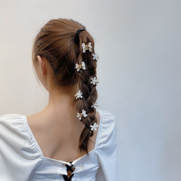 Mini pärlhårklämma, 7 st blomformade hårklämmor, mini pärla