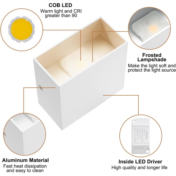 2-pakke 6W LED Vegglamper, 3000k Varmt Hvit Moderne Aluminium Øvre