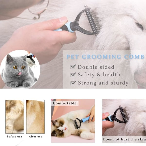 Pet Grooming Dematting Comb, Dobbeltsidig Tannsblad Hund Underull Rake Kam Pet Rake Kam for Hunder og Katter Fjerner Løs Underull