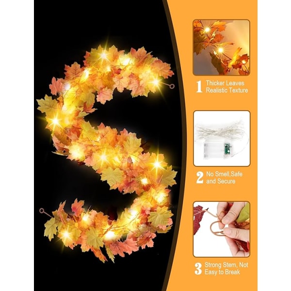Höstgirlang med lampor - 30 LED-upplyst höstgirlang för mantel