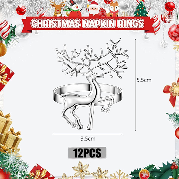 12 kpl jouluaiheisia poronnapkinrenkaita, 6 cm hopeiset hirvinapkinpidikkeet