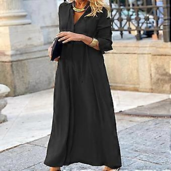 Dame Casual Kjoler Langærmet V-Hals Kjole Casual Løse Skjortekjoler Sort (style6084)