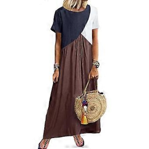 Dame Farveblok T-shirt Kjole Kortærmet Maxikjole Afslappet Løs Lang Maxikjole Strand Lang Kjole Swing Kjole brun S brown S