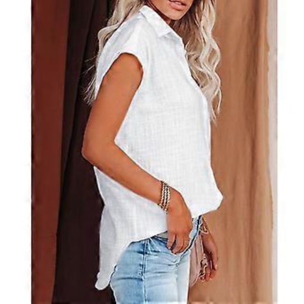 Dame Skjorte med Knapper Kortermet Ren Lys Farge Løs Casual Dame Kortermet Bluse for Utflukter Kontorfest, Hvit