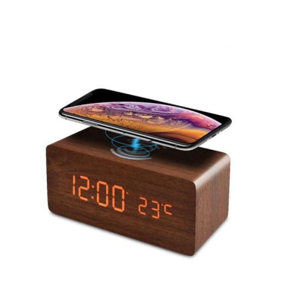 Trä Laddningsbar Trådlös Digital Väckarklocka Cloc LED Alarm C
