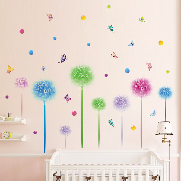 1 set Färgglada Maskros Väggdekal Blommiga Väggstickers Fjärilar och Prickar Väggdekor DIY Väggmålning Konst för Sovrum Vardagsrum Väggdekoration