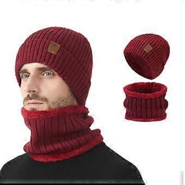 Vinterstickad huvudbonad Polyester Varm Mössa Stickad Halsduk Combo för Cykling Skidåkning Och Utomhussporter Varm Ushanka Vinröd Wine Red