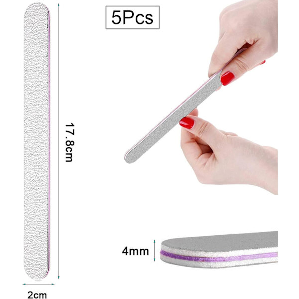 (Grå) 5-pack professionella nagelfilar, dubbelsidiga nagelfilar,