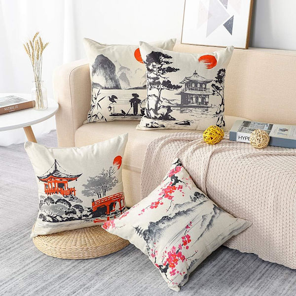 Sett med 4 (45 x 45 cm) pynteputer i polyester og lin