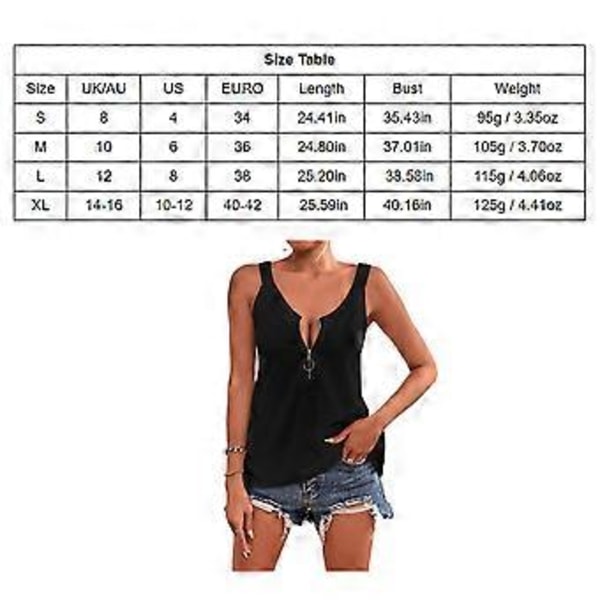 Tanktopp for kvinner med glidelås, ensfarget, moteriktig, ermeløs skjorte for sommerbruk, svart M