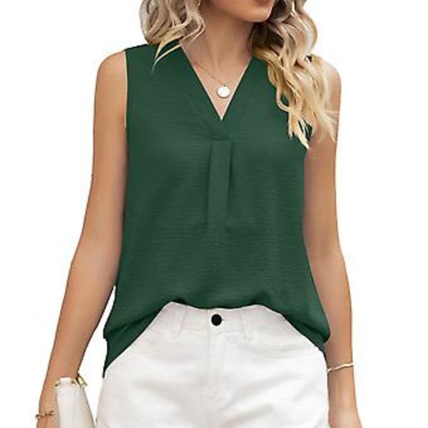 Ermeløs topp for kvinner, V-hals, ensfarget, løs stil, pustende, moteriktig sommertopp (XLDark Green) Dark Green XL