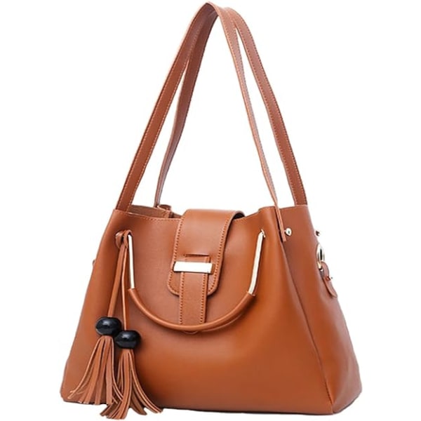 Brun 3-delt taskesæt PU læder håndtaske+håndtaske+skuldertaske, wo