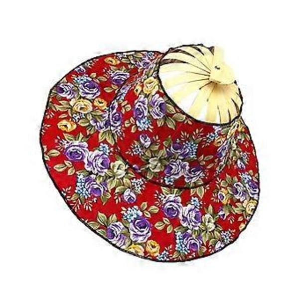 Bambufläkt Hopfällbar Solhatt Blommig Solskyddskeps Lätt Multifunktionell Ihålig Design Bred Brätte Dam Hopfällbar Fläkthatt (röd blomma)