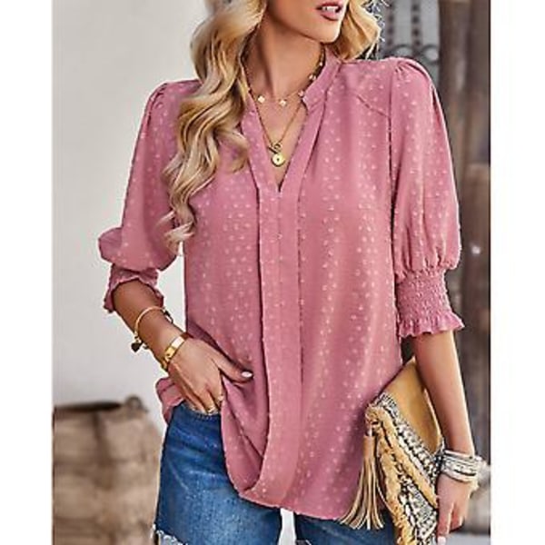 Dame Halv Erme V-hals Topp Elegant Moderne Ensfarget Puff Erme Elastisk Rynket Mansjett Skjorte Bluse (MPink) Pink M