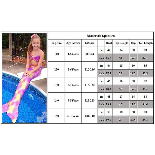 Barn Flickor Mermaid Tail Bikini Set Summer Tie Dye Beachwear Badkläder Baddräkt -allin.9-10 Years.Lila Gul