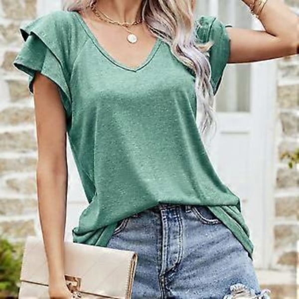 Grøn M Dame Top V-Hals Kort Dobbelt Lag Flæseærme Almindelig Løs Afslappet Komfortabel Sommer T-shirt