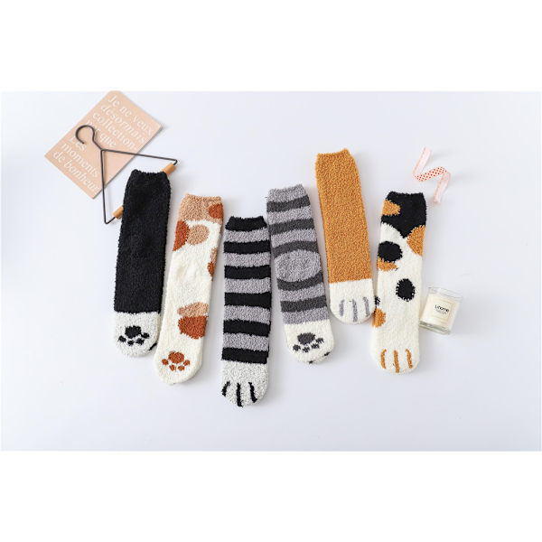 6 par korallfleece-strumpor med kattfotavtryck, fluffiga sovstrumpor med varmt fleecefoder