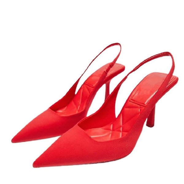 Women&#39;s Pointed Toe Heels Sandals Party Ankle Strap Slingback Stiletto High Heels Slip On Mules Shoes.38.Red