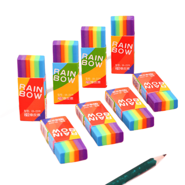 Pakkaus, jossa 20 2B Creative Rainbow -pyyhekumia, ei muruja, ei jälkiä