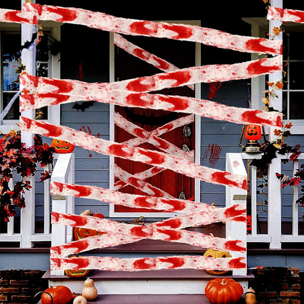 Halloween Fright Tape Bundle, 1 stk Blodig Spøkelseshus Gasbind Skummel Skummel Stoff Draperi Klede Rom Vindu Vegg Dør Deksel, Blodige Klamrer og Advarselstape（8CM*5M）