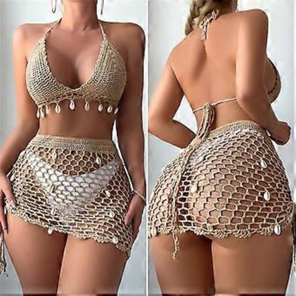 Dame 2-delt Strand Badedragt Muslingeskaller Hæklet Halter Bikini Badedragt med Sarong Strandtøj Sort M Black M