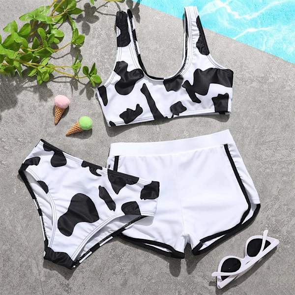Flickors 3-delade baddräkter Ko-tryck Bikini baddräkt med shorts