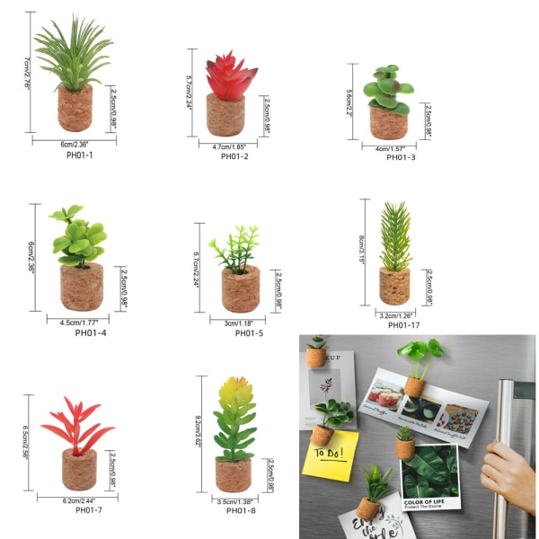 8 stk. kunstige plante køleskabsmagneter - Potteplante køleskabsmagnet